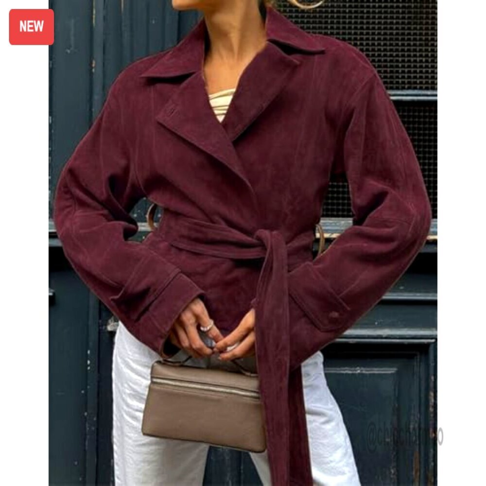Faux Suede Cropped Wrap Jacket with Belt, Vintage Style, Size S-XXL - Picture 2 of 2